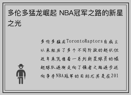 多伦多猛龙崛起 NBA冠军之路的新星之光
