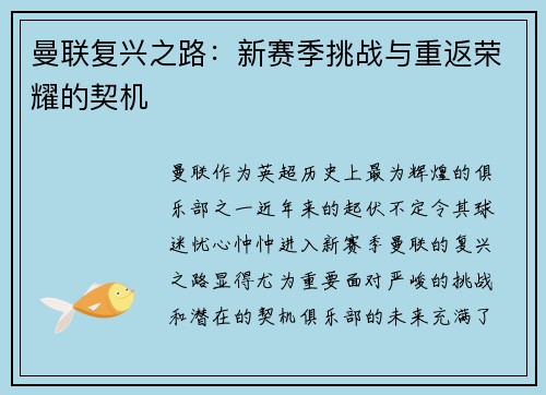 曼联复兴之路：新赛季挑战与重返荣耀的契机